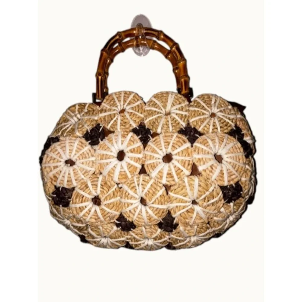 Patricia Nash Palmarola Beige/Brown Straw Satchel Bamboo Women's Handbag